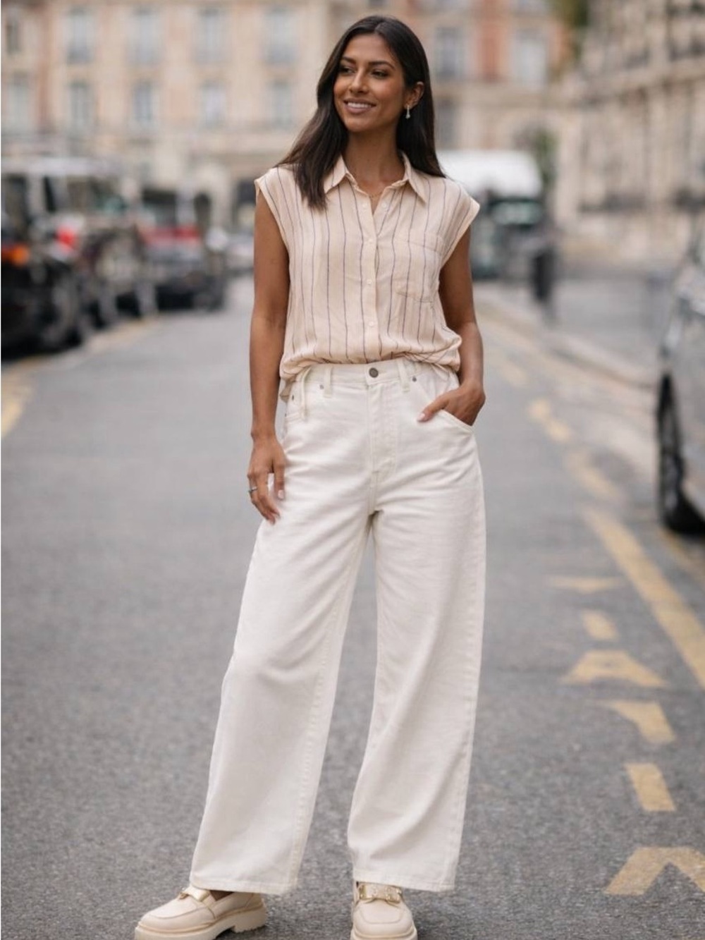 Ellen Tracy Cream Striped Button-Up Top